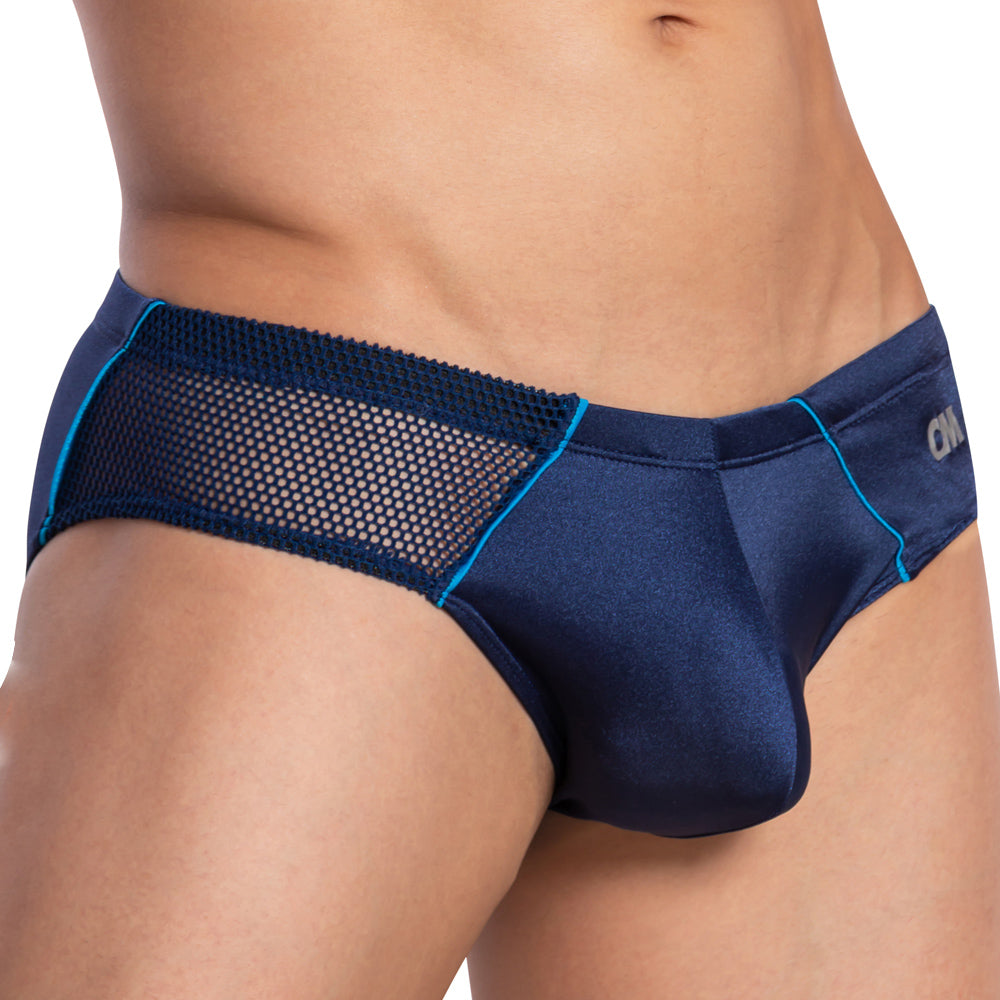 Cover Male CMI048 Side Sheer Bikini Brief showcasing sheer side panels and comfortable fit, made from polyamide and spandex.